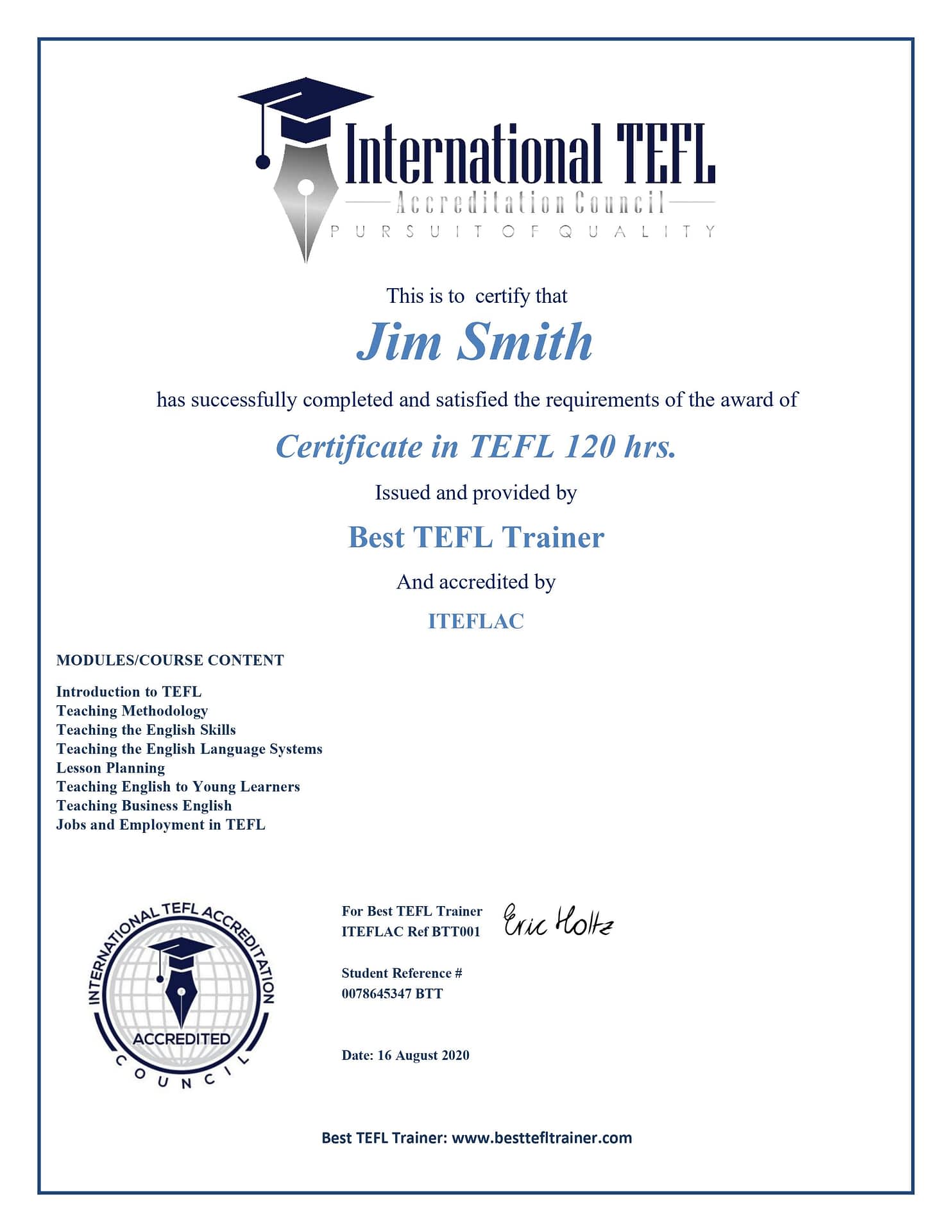 Iteflac Student Certificates, Tefl Accreditation, Iteflac